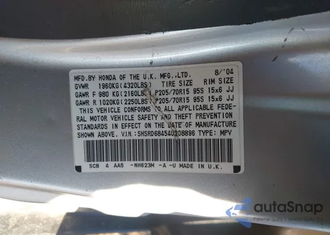 2004 Honda Cr-V Lx from USA, damaged, VIN SHSRD68454U208896